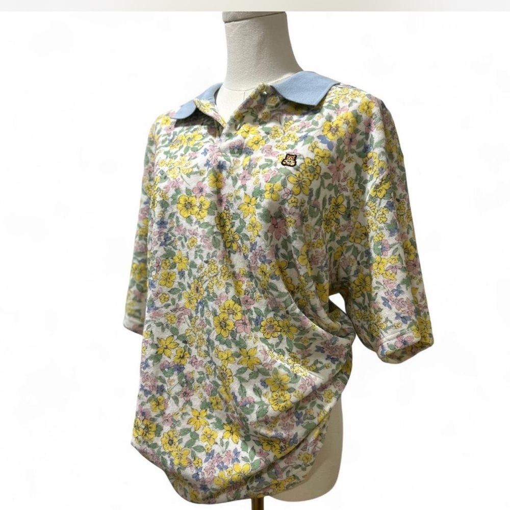 Teddy Fresh Floral Terry Cloth Polo T-shirt NWT Woman's Oversized Large Pastel